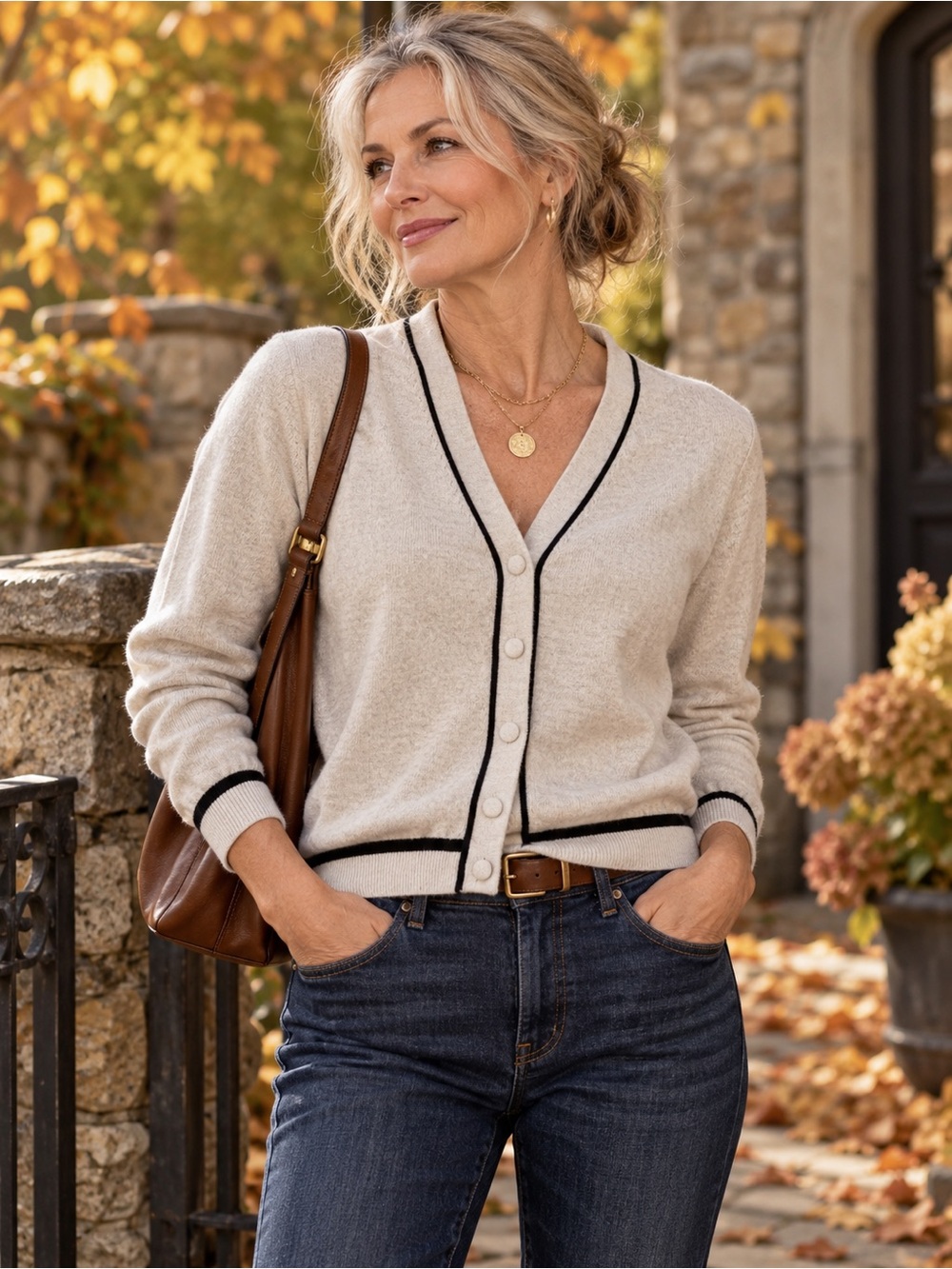 NOTSHY Paris Wool Cardigan M Beige Black Trim Button Front French Minimalist
